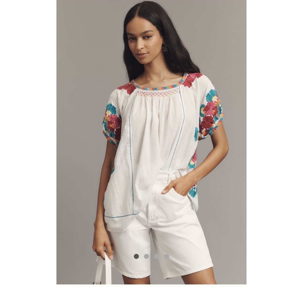 Anthropologie White Embroidered Peasant Tunic with Multicolor Floral Accents